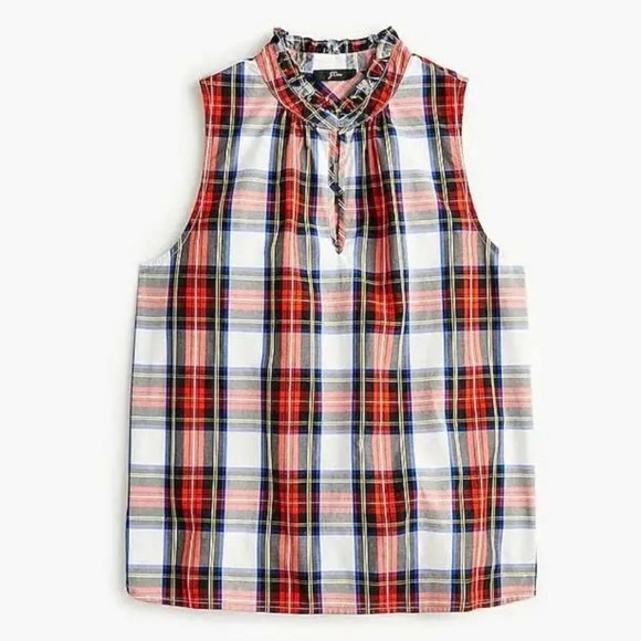 J Crew K5932 Holiday Ready White Tartan Plaid Ruffle-Neck Sleeveless Top - Picture 1 of 4
